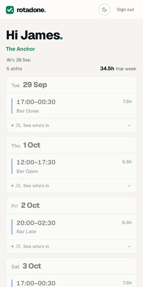 A staff member's shifts on their phone in Rota Done.