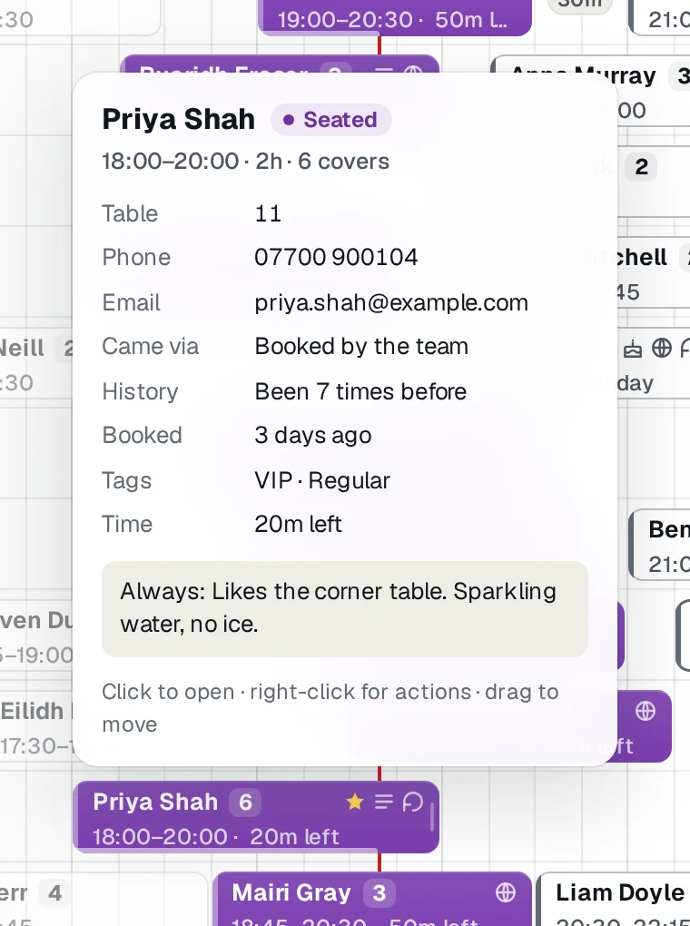 A booking's card in Seated: table, phone, how they booked and how often they've been.