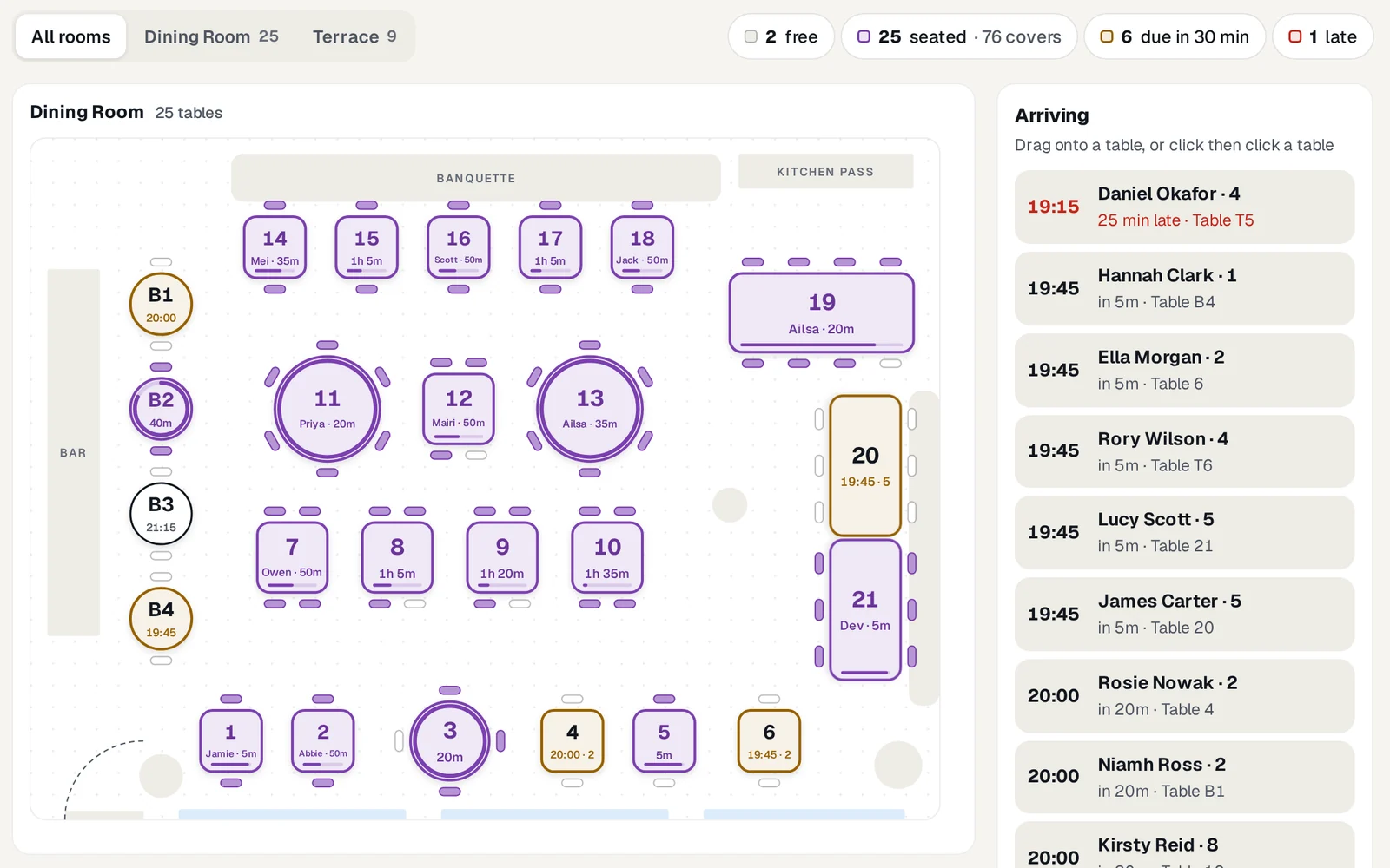Seated's floor plan of the dining room, with each table's booking and status.